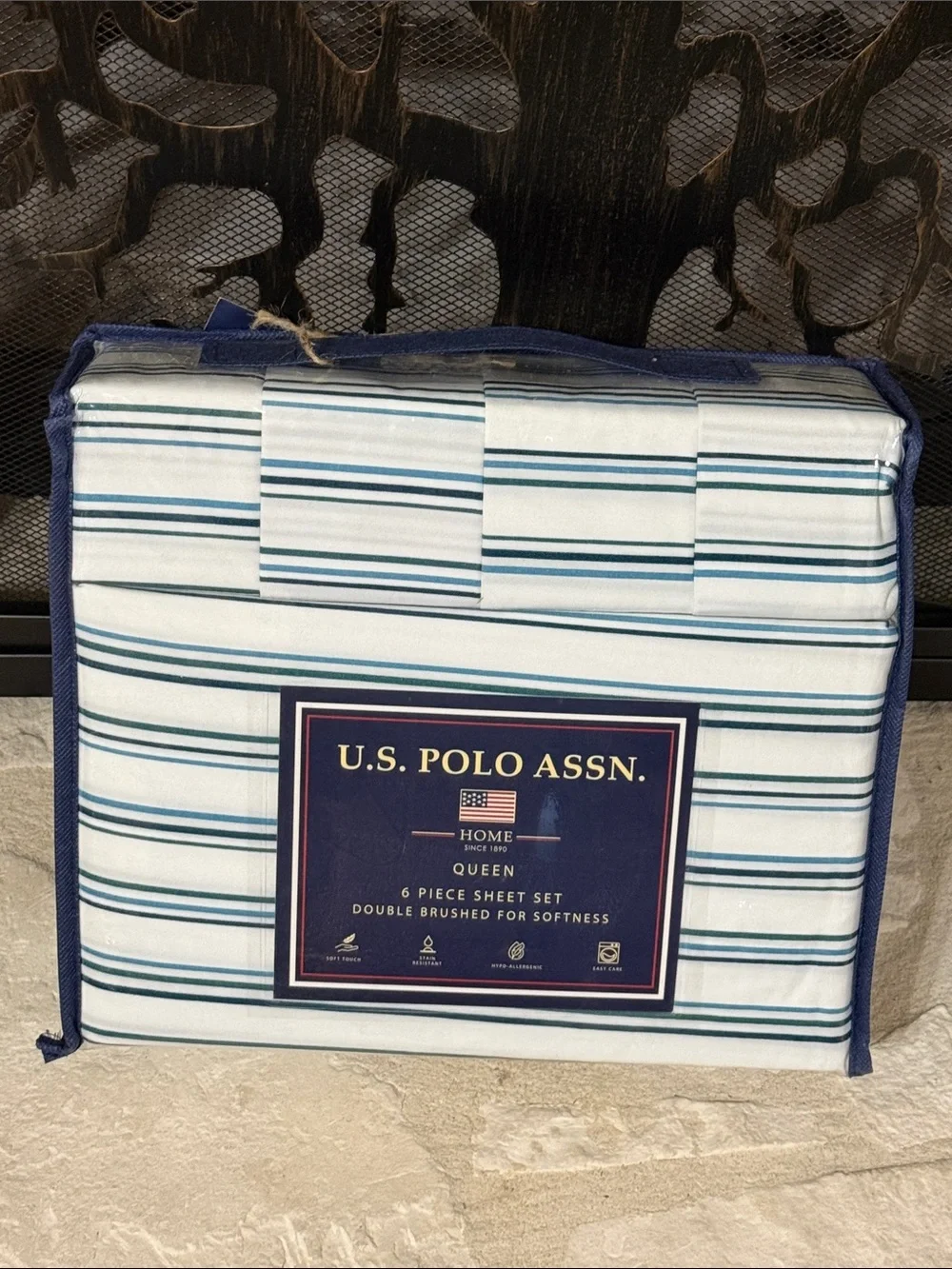 U.S. Polo Assn. White, Navy & Green Striped Queen 6 Piece Sheet Set